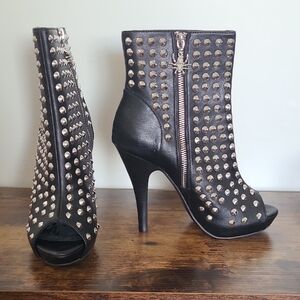 Black and Silver Spider Zip GOTH ROCKER Y2K Studded Heeled Boots